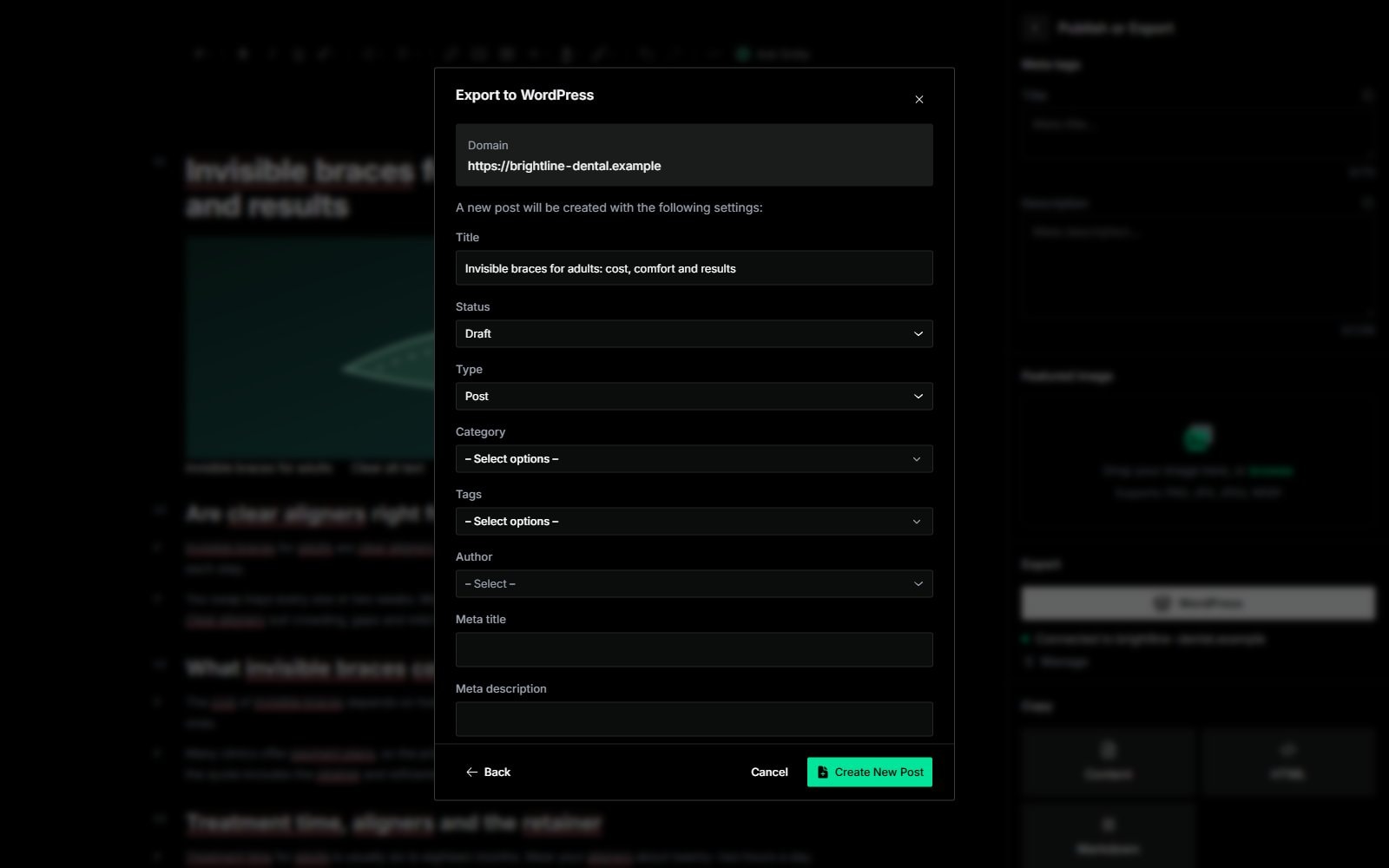 The Export to WordPress dialog with status, type, category and author