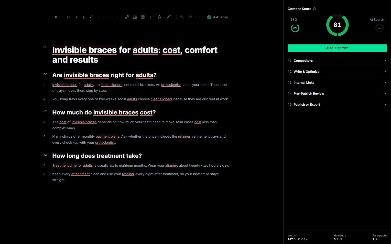 The Content Score panel beside a draft in the editor