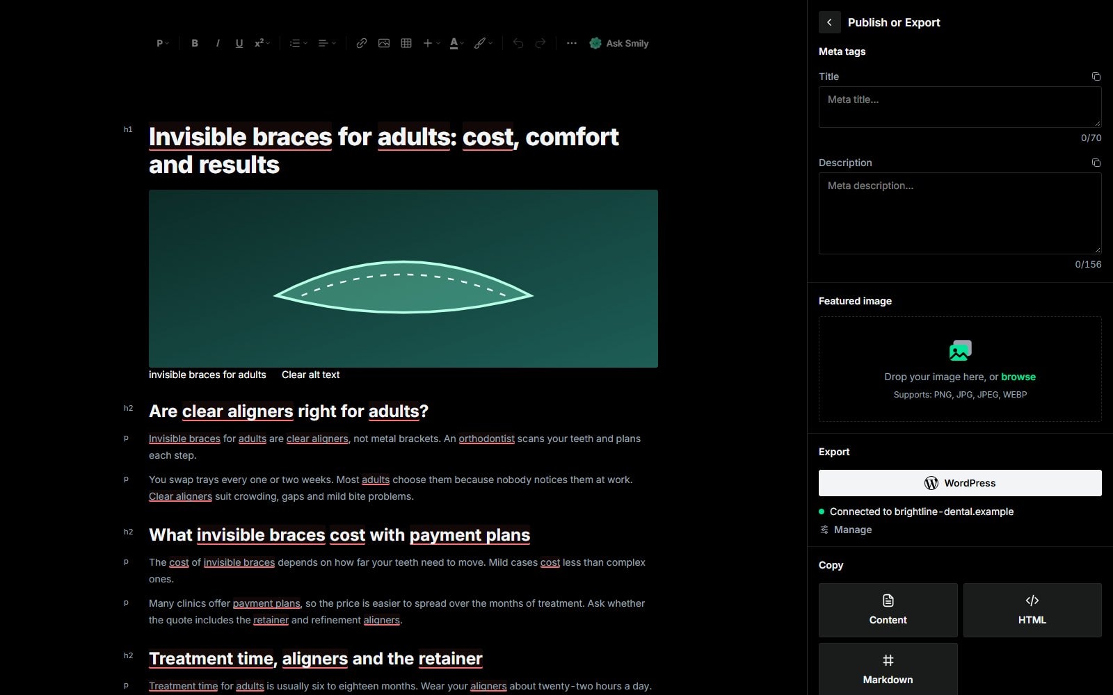 The Publish or Export panel showing the connected WordPress site